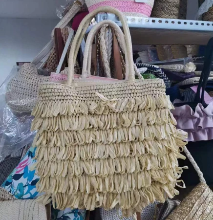 Handwoven Tassels Beidge Straw Bag